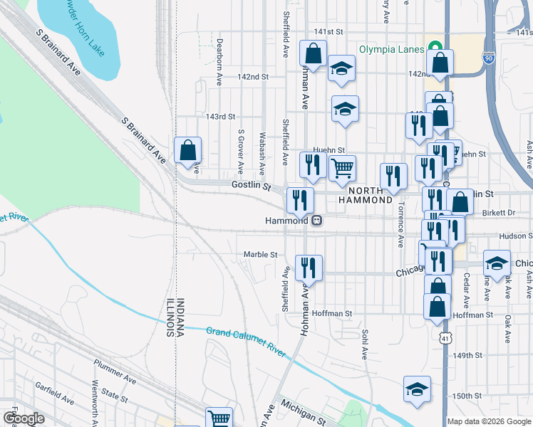 map of restaurants, bars, coffee shops, grocery stores, and more near 251 Brunswick Street in Hammond