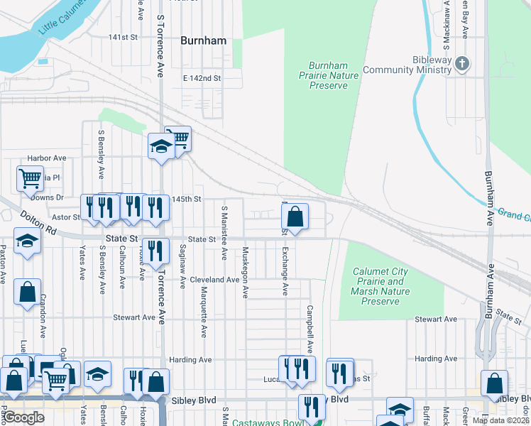 map of restaurants, bars, coffee shops, grocery stores, and more near 2608 East Goodrich Avenue in Burnham