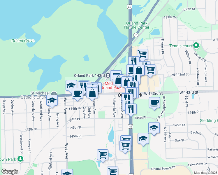 map of restaurants, bars, coffee shops, grocery stores, and more near 9750 Crescent Park Circle in Orland Park