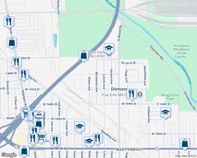 map of restaurants, bars, coffee shops, grocery stores, and more near 14223 Winchester Avenue in Dixmoor