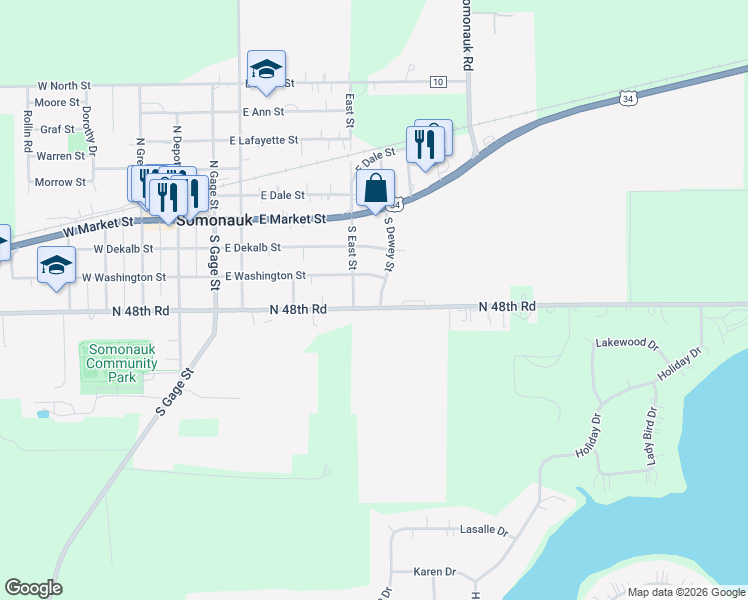 map of restaurants, bars, coffee shops, grocery stores, and more near 330 South Dewey Street in Somonauk