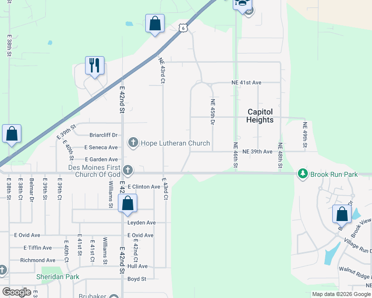 map of restaurants, bars, coffee shops, grocery stores, and more near 3900 Northeast 44th Drive in Des Moines