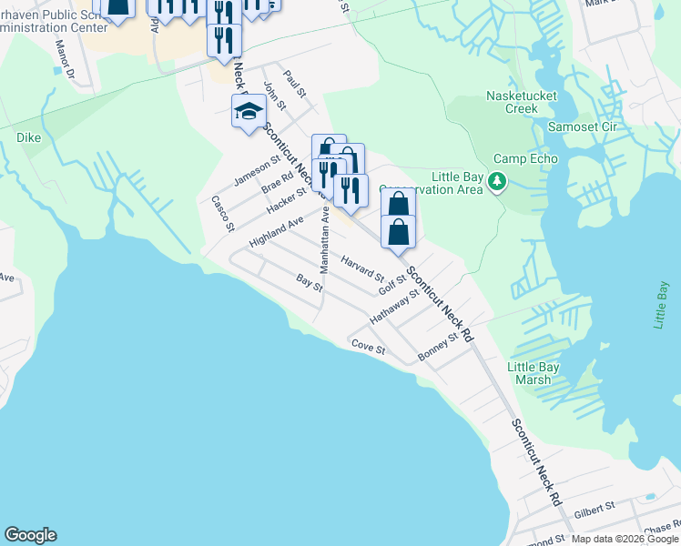 map of restaurants, bars, coffee shops, grocery stores, and more near 21 Grove Street in Fairhaven