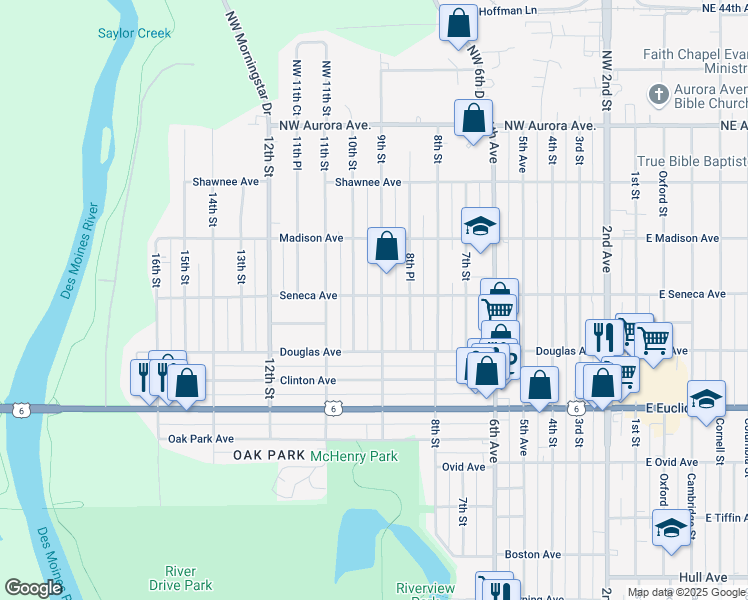 map of restaurants, bars, coffee shops, grocery stores, and more near 3842 9th Street in Des Moines