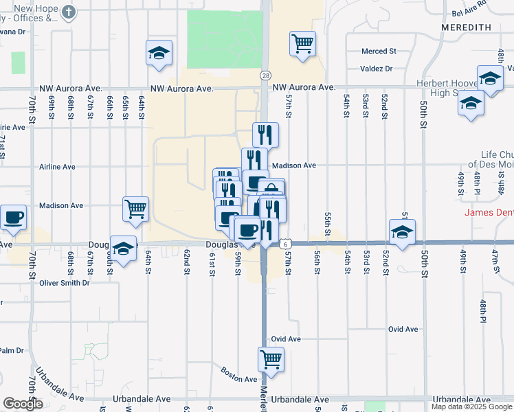map of restaurants, bars, coffee shops, grocery stores, and more near 3839 Iowa 28 in Des Moines