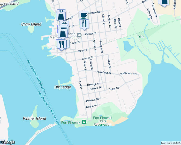 map of restaurants, bars, coffee shops, grocery stores, and more near 43 Green Street in Fairhaven