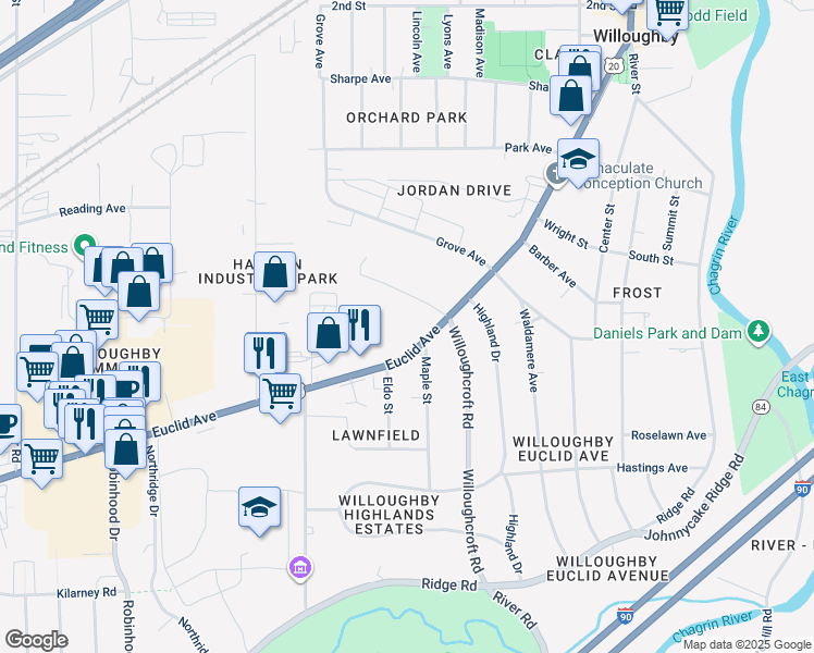 map of restaurants, bars, coffee shops, grocery stores, and more near 37603 Euclid Avenue in Willoughby