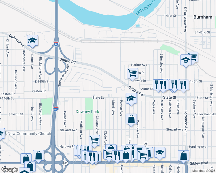 map of restaurants, bars, coffee shops, grocery stores, and more near 53 Jennifer Lane in Calumet City