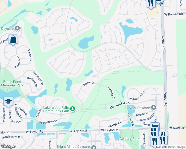 map of restaurants, bars, coffee shops, grocery stores, and more near 21252 Edison Lane in Plainfield