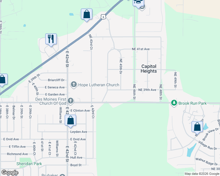 map of restaurants, bars, coffee shops, grocery stores, and more near 3900 Northeast 44th Drive in Des Moines