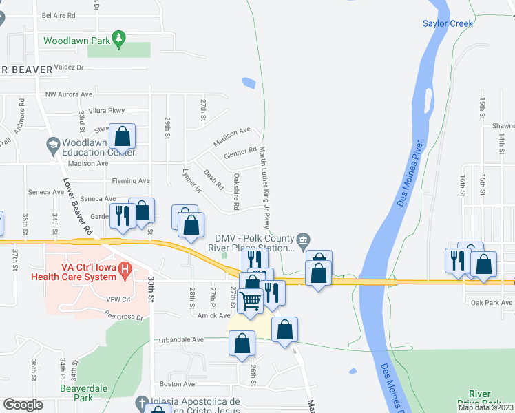 map of restaurants, bars, coffee shops, grocery stores, and more near 2522 Lynner Drive in Des Moines