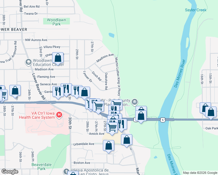 map of restaurants, bars, coffee shops, grocery stores, and more near 2522 Lynner Drive in Des Moines