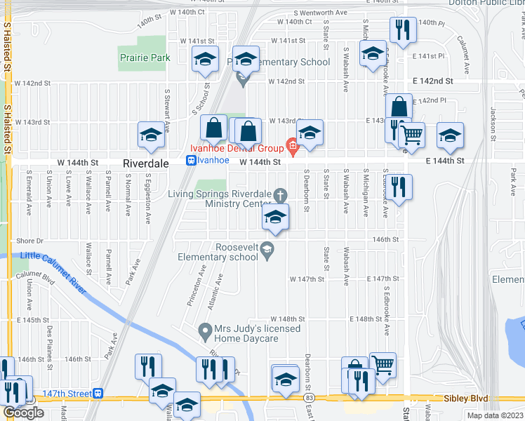 map of restaurants, bars, coffee shops, grocery stores, and more near 14508 South La Salle Street in Riverdale