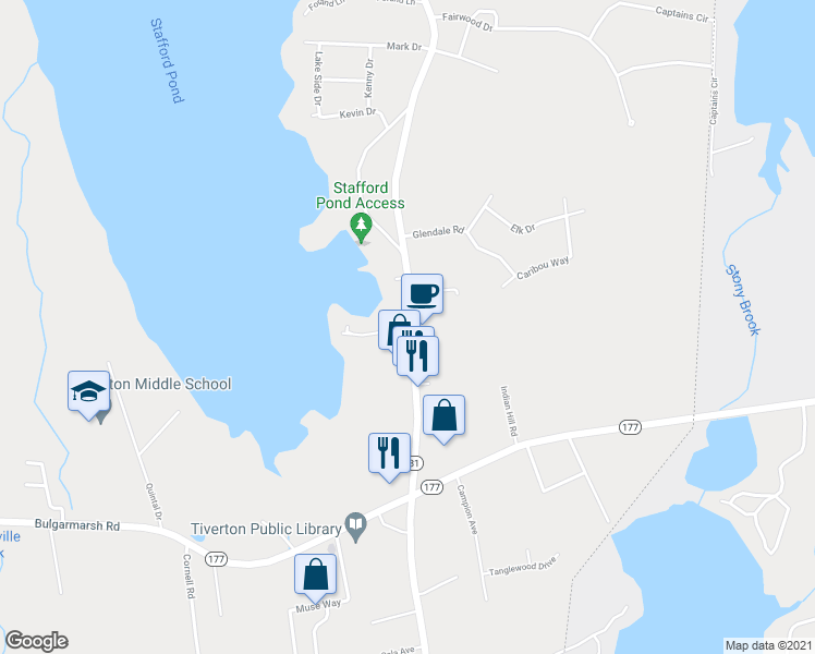 map of restaurants, bars, coffee shops, grocery stores, and more near 1125 Stafford Road in Tiverton