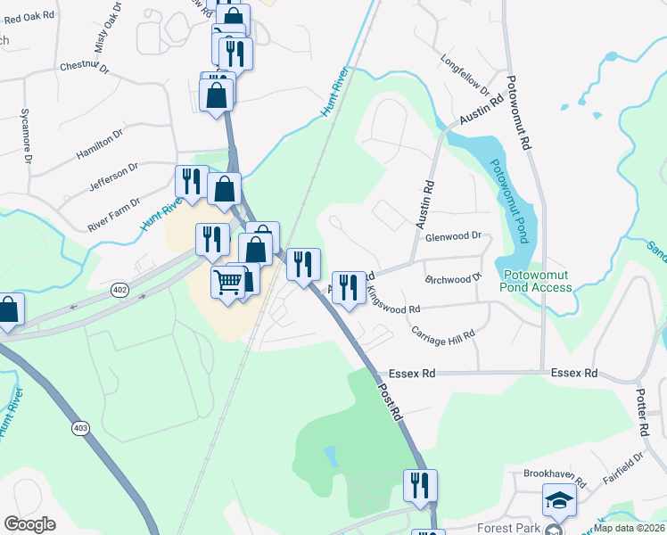 map of restaurants, bars, coffee shops, grocery stores, and more near 22 Austin Road in North Kingstown