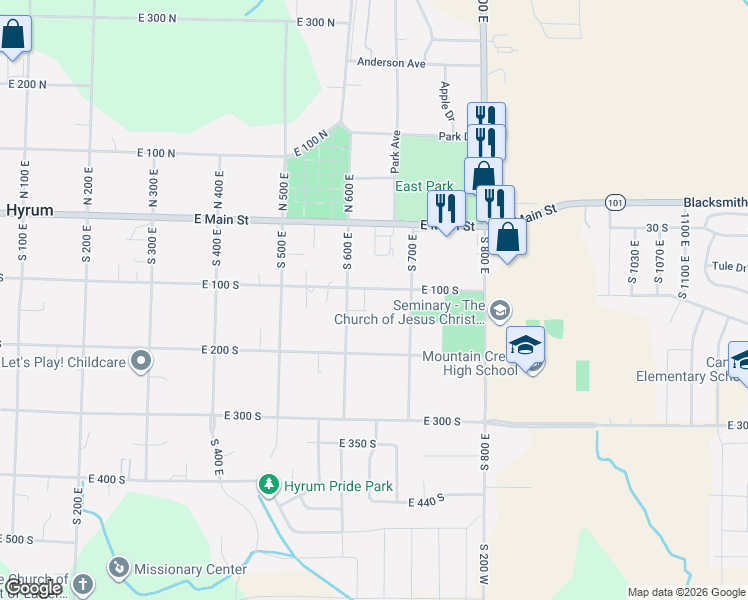 map of restaurants, bars, coffee shops, grocery stores, and more near 660 East 100 South in Hyrum
