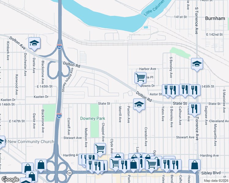 map of restaurants, bars, coffee shops, grocery stores, and more near 53 Jennifer Lane in Calumet City