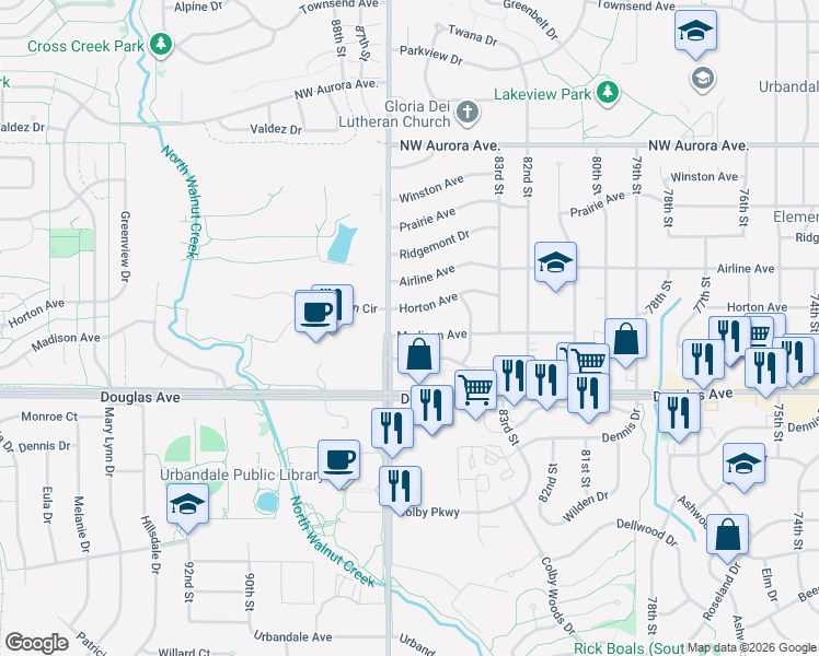 map of restaurants, bars, coffee shops, grocery stores, and more near 8501 Madison Avenue in Urbandale