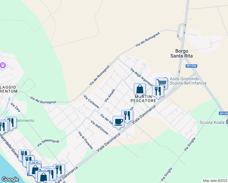 map of restaurants, bars, coffee shops, grocery stores, and more near 5/D Via Chianciano in Torvaianica
