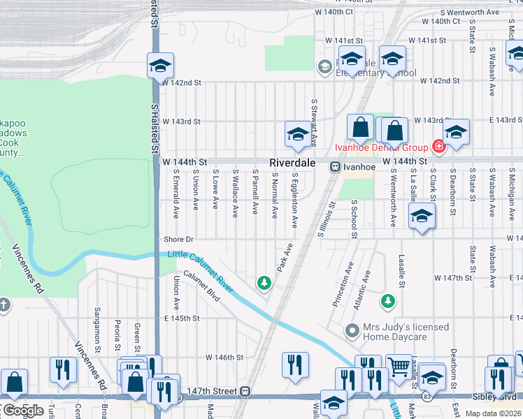 map of restaurants, bars, coffee shops, grocery stores, and more near 14512 South Normal Avenue in Riverdale