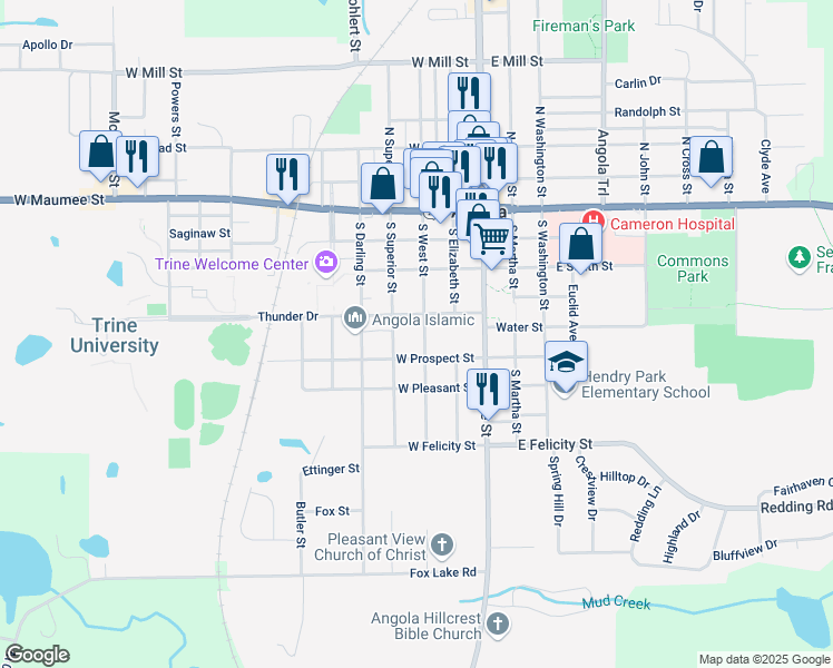 map of restaurants, bars, coffee shops, grocery stores, and more near 410 South West Street in Angola