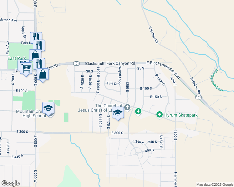 map of restaurants, bars, coffee shops, grocery stores, and more near 1177 Hyrum Boulevard in Hyrum