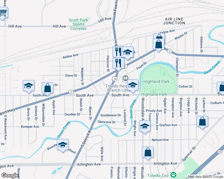 map of restaurants, bars, coffee shops, grocery stores, and more near 379 South Detroit Avenue in Toledo