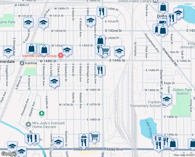 map of restaurants, bars, coffee shops, grocery stores, and more near 14515 South Edbrooke Avenue in Riverdale