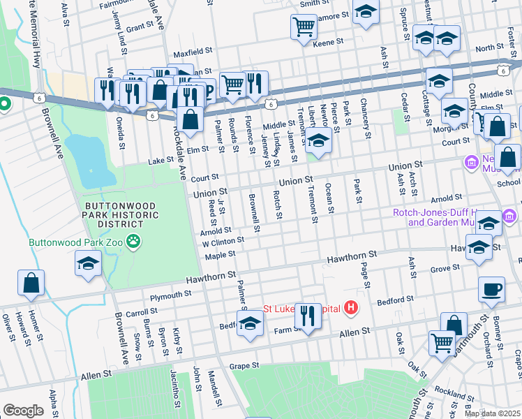 map of restaurants, bars, coffee shops, grocery stores, and more near 200 Brownell Street in New Bedford