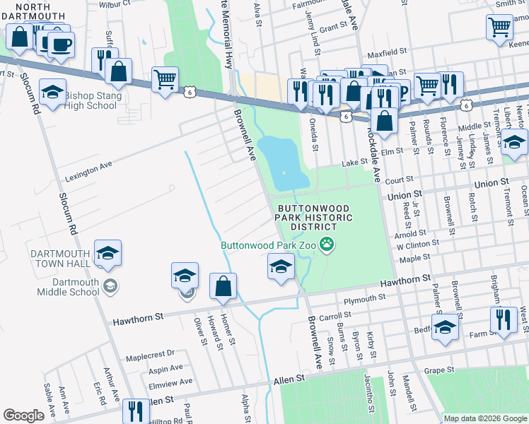 map of restaurants, bars, coffee shops, grocery stores, and more near 30 Pinette Street in New Bedford