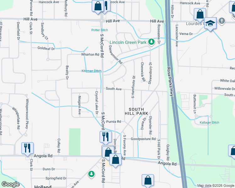 map of restaurants, bars, coffee shops, grocery stores, and more near 533 Dorcas Road in Holland