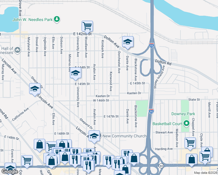 map of restaurants, bars, coffee shops, grocery stores, and more near 14518 Kenwood Avenue in Dolton
