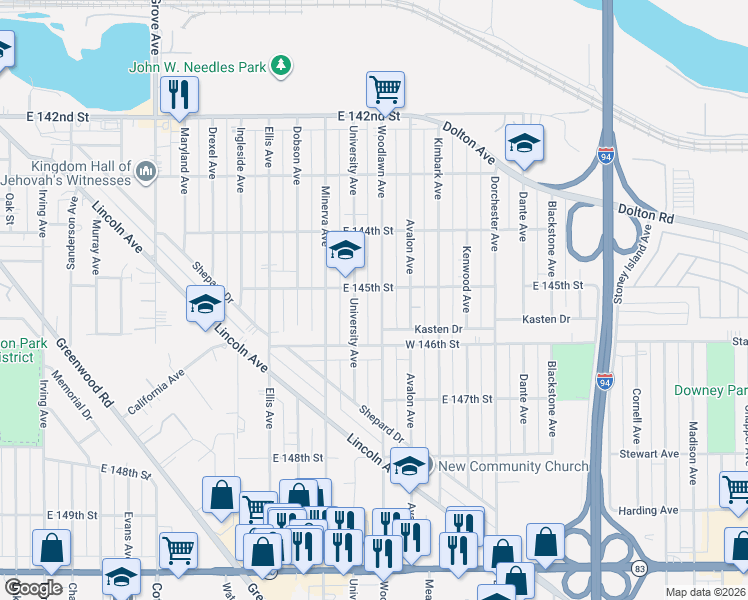 map of restaurants, bars, coffee shops, grocery stores, and more near 14519 Woodlawn Avenue in Dolton