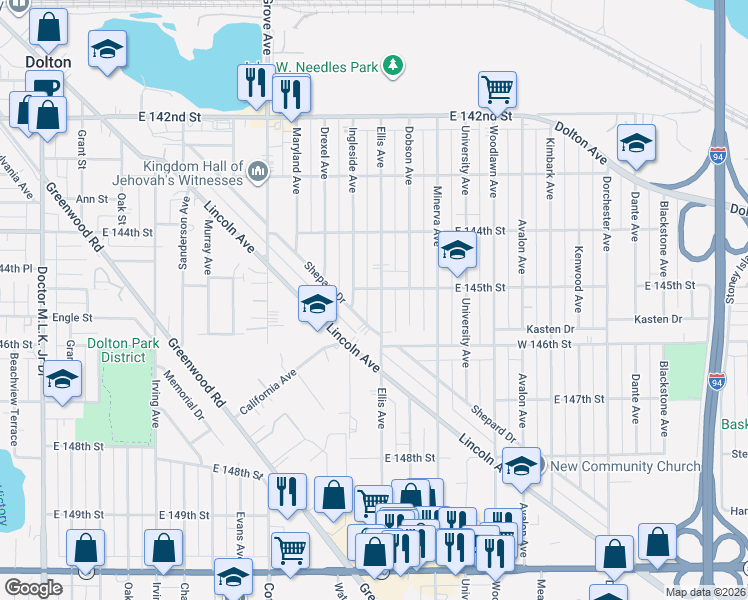 map of restaurants, bars, coffee shops, grocery stores, and more near in Dolton