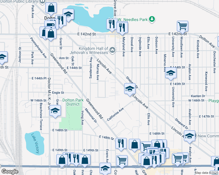 map of restaurants, bars, coffee shops, grocery stores, and more near 14516 Cottage Grove Avenue in Dolton
