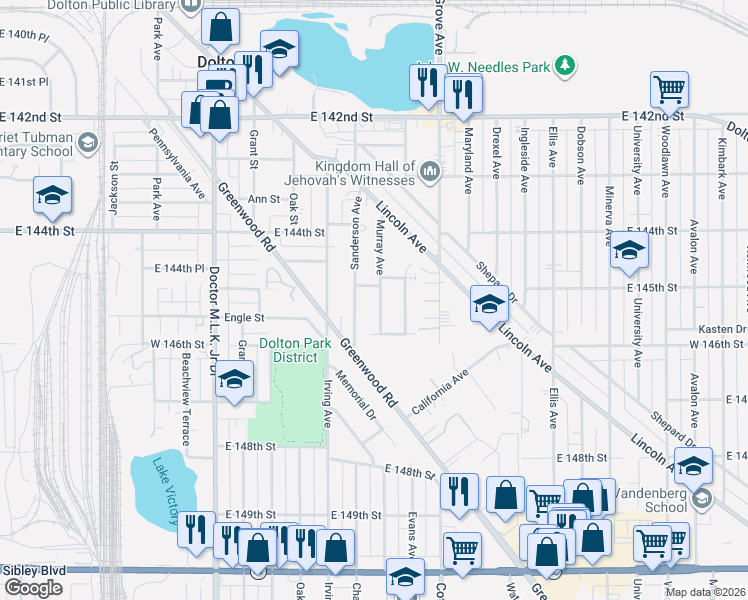 map of restaurants, bars, coffee shops, grocery stores, and more near 14519 Murray Avenue in Dolton