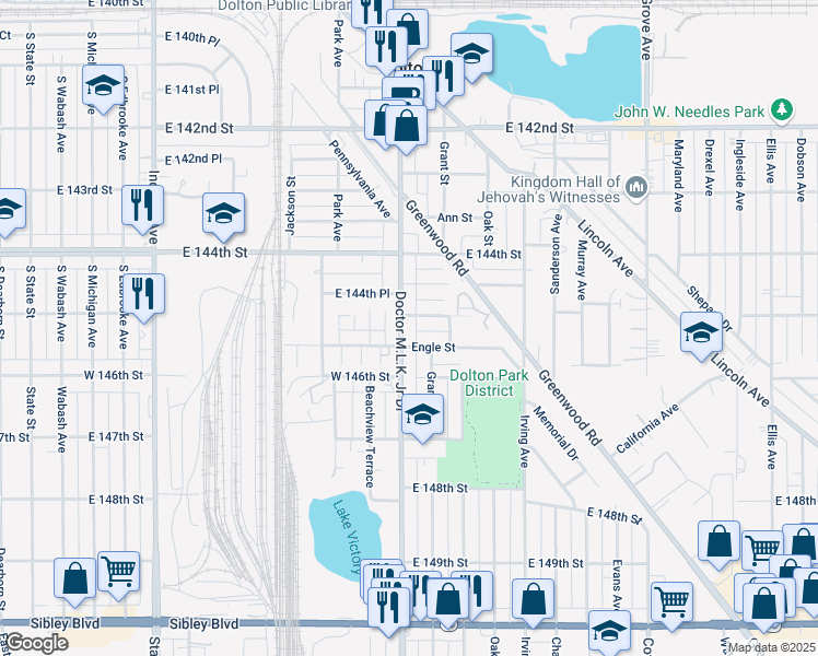 map of restaurants, bars, coffee shops, grocery stores, and more near 14511 Doctor Martin Luther King Junior Drive in Dolton