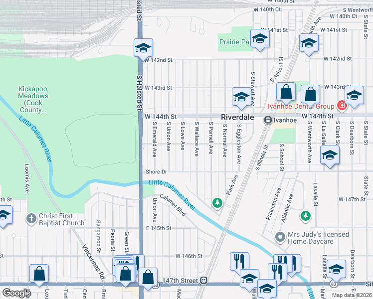 map of restaurants, bars, coffee shops, grocery stores, and more near 14513 South Lowe Avenue in Riverdale