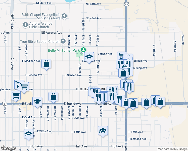 map of restaurants, bars, coffee shops, grocery stores, and more near 907 East Seneca Avenue in Des Moines