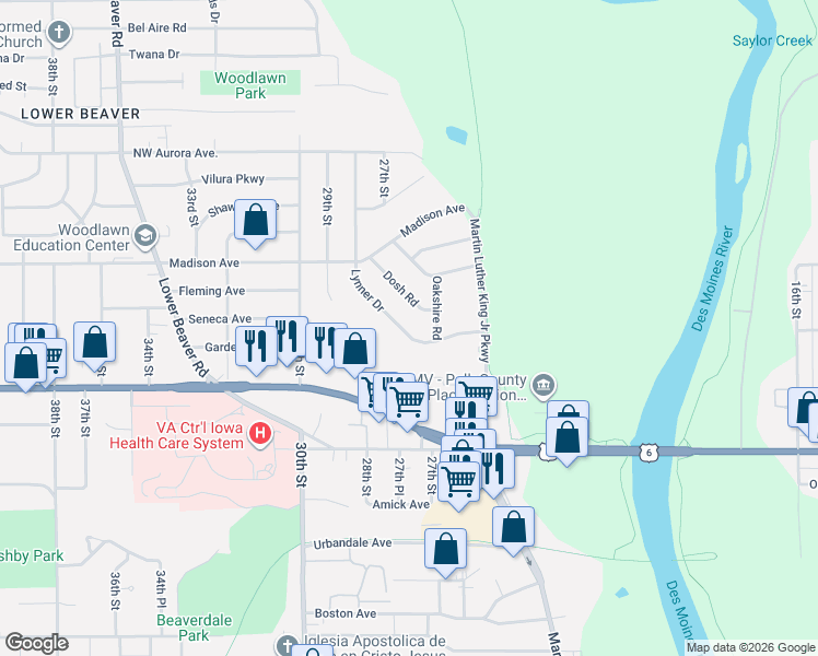 map of restaurants, bars, coffee shops, grocery stores, and more near 2701 Lynner Drive in Des Moines