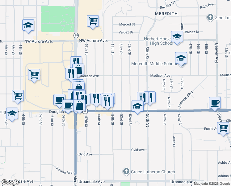 map of restaurants, bars, coffee shops, grocery stores, and more near 3848 53rd Street in Des Moines