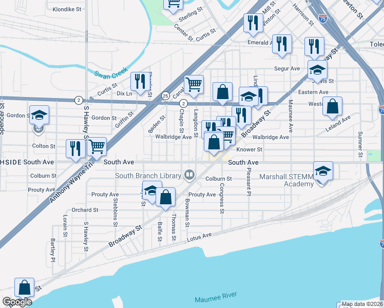 map of restaurants, bars, coffee shops, grocery stores, and more near 820 South Avenue in Toledo