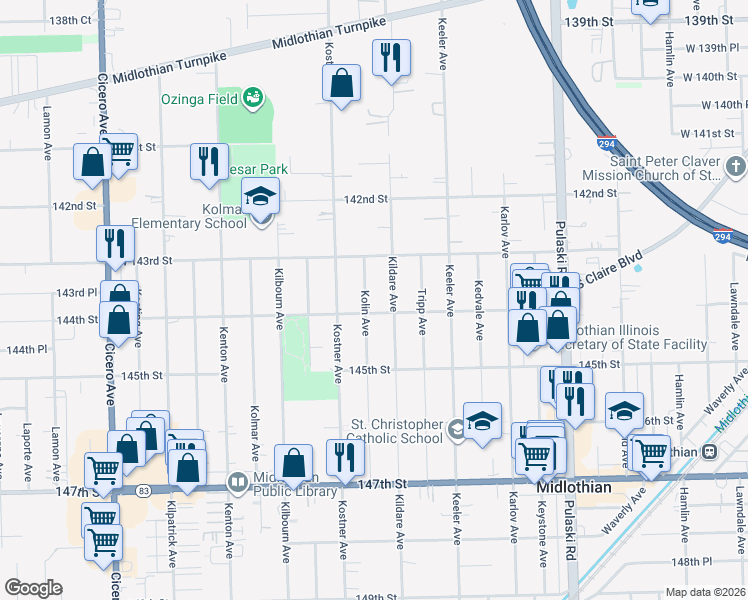 map of restaurants, bars, coffee shops, grocery stores, and more near 14359 Kolin Avenue in Midlothian