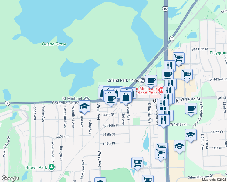 map of restaurants, bars, coffee shops, grocery stores, and more near 14236 Union Street in Orland Park