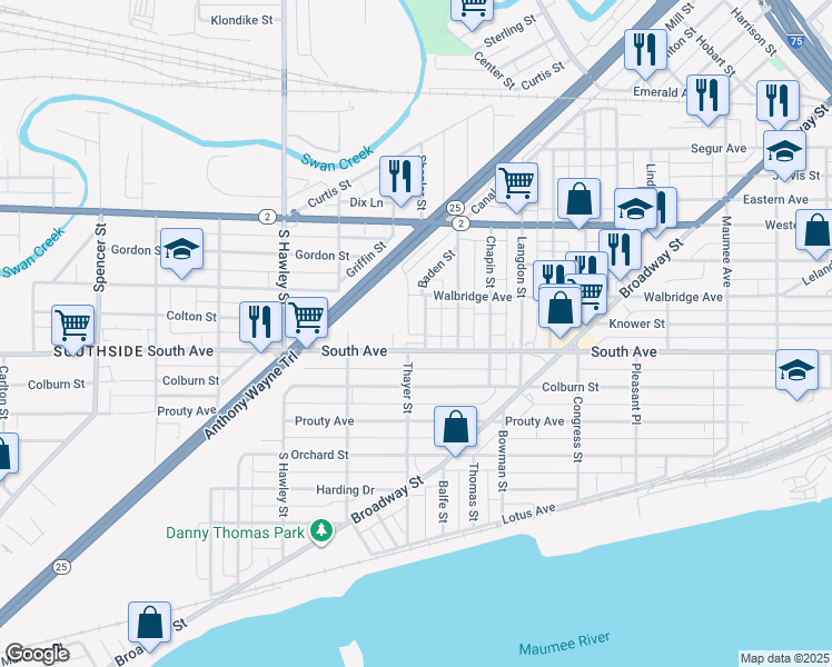 map of restaurants, bars, coffee shops, grocery stores, and more near 438 Baden Street in Toledo