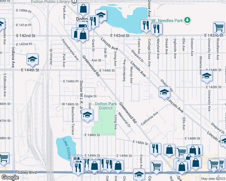map of restaurants, bars, coffee shops, grocery stores, and more near 14508 Irving Avenue in Dolton