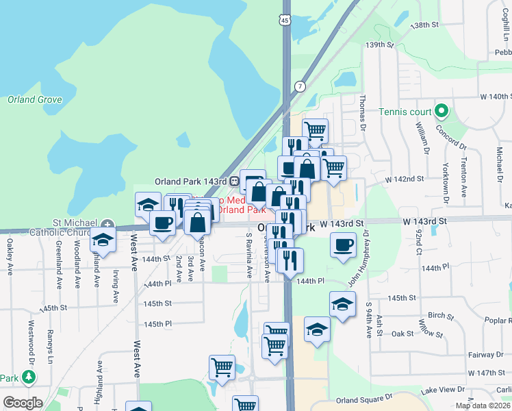 map of restaurants, bars, coffee shops, grocery stores, and more near 9638 West 143rd Street in Orland Park