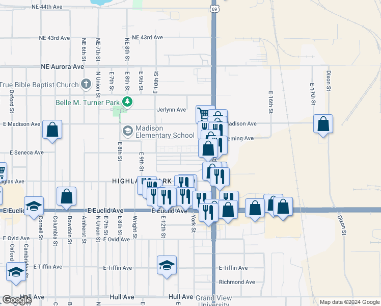 map of restaurants, bars, coffee shops, grocery stores, and more near 1234 East Seneca Avenue in Des Moines