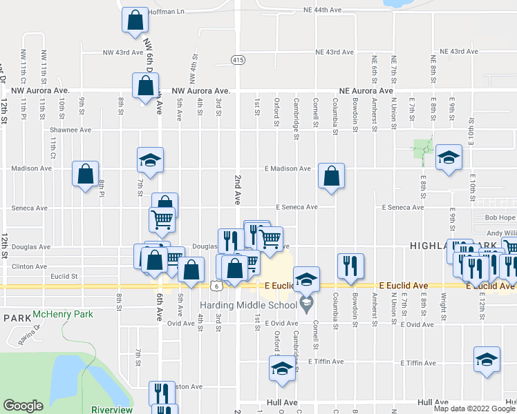 map of restaurants, bars, coffee shops, grocery stores, and more near 3 East Seneca Avenue in Des Moines