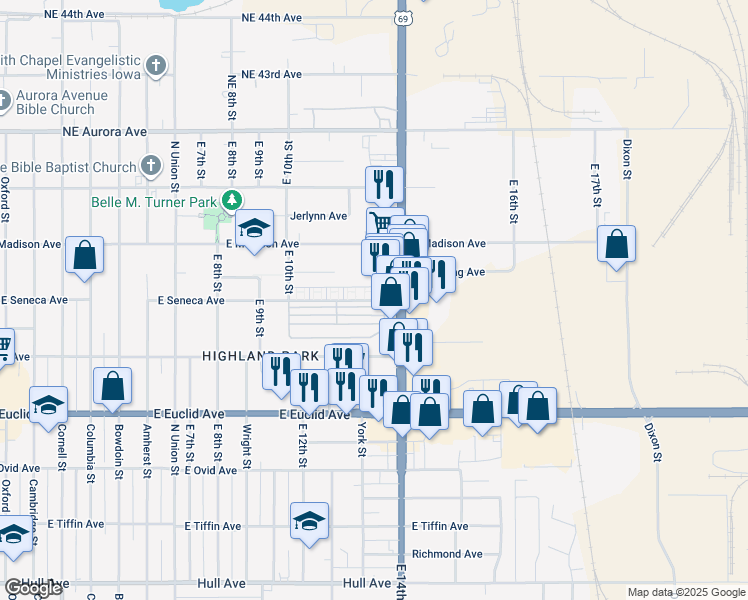 map of restaurants, bars, coffee shops, grocery stores, and more near 1300 East Seneca Avenue in Des Moines
